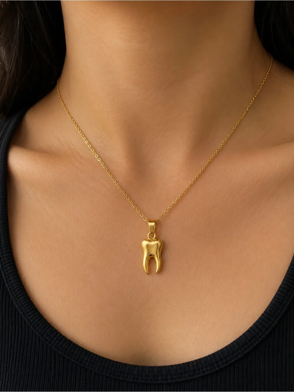 Gold Tooth Pendant Necklace on Gold Plated Stainless Steel Hypoallergenic New - Picture 2 of 3